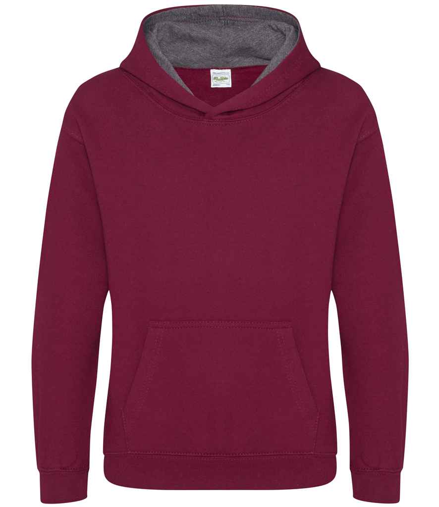 AWDis Kids Varsity Hoodie in Burgundy Charcoal by Just Hoods — Custom branded clothing by Print Press, featuring premium embroidery produced in our specialist print lab in the UK.