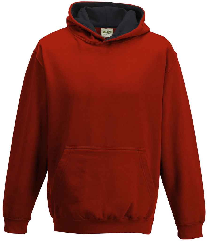 AWDis Kids Varsity Hoodie in Fire Red Jet Black by Just Hoods — Custom branded clothing by Print Press, featuring premium embroidery produced in our specialist print lab in the UK.