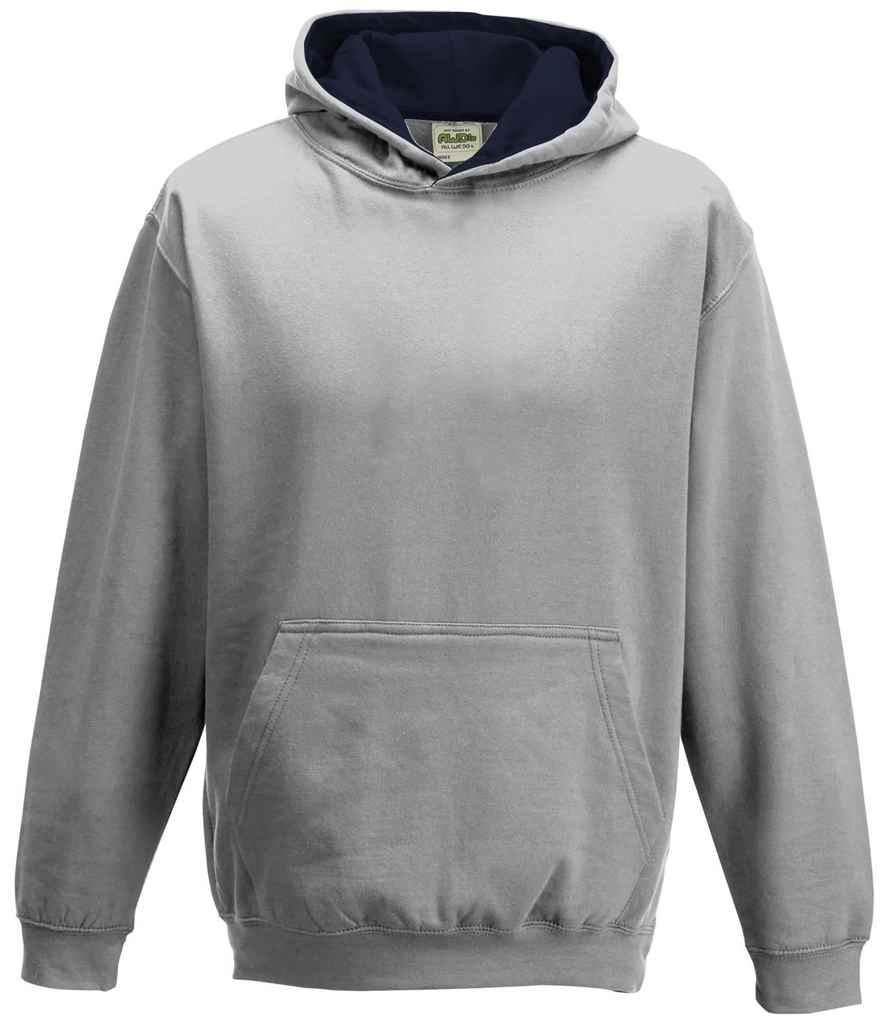 AWDis Kids Varsity Hoodie in Heather Grey New French Navy by Just Hoods — Custom branded clothing by Print Press, featuring premium embroidery produced in our specialist print lab in the UK.