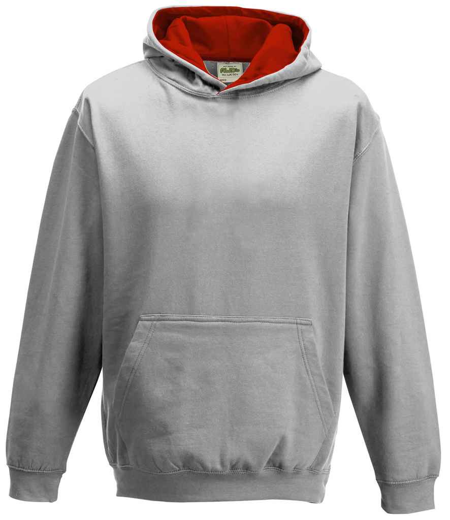 AWDis Kids Varsity Hoodie in Heather Grey Fire Red by Just Hoods — Custom branded clothing by Print Press, featuring premium embroidery produced in our specialist print lab in the UK.