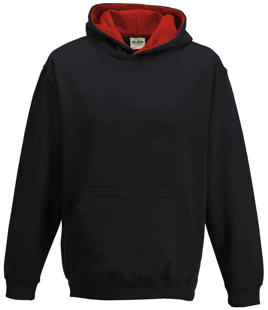 AWDis Kids Varsity Hoodie in Jet Black Fire Red by Just Hoods — Custom branded clothing by Print Press, featuring premium embroidery produced in our specialist print lab in the UK.