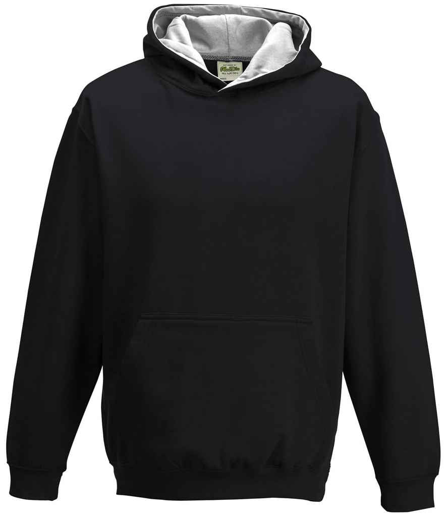 AWDis Kids Varsity Hoodie in Jet Black Heather Grey by Just Hoods — Custom branded clothing by Print Press, featuring premium embroidery produced in our specialist print lab in the UK.