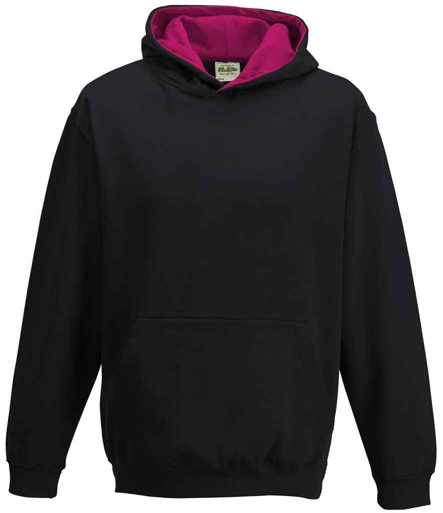 AWDis Kids Varsity Hoodie in Jet Black Hot Pink by Just Hoods — Custom branded clothing by Print Press, featuring premium embroidery produced in our specialist print lab in the UK.