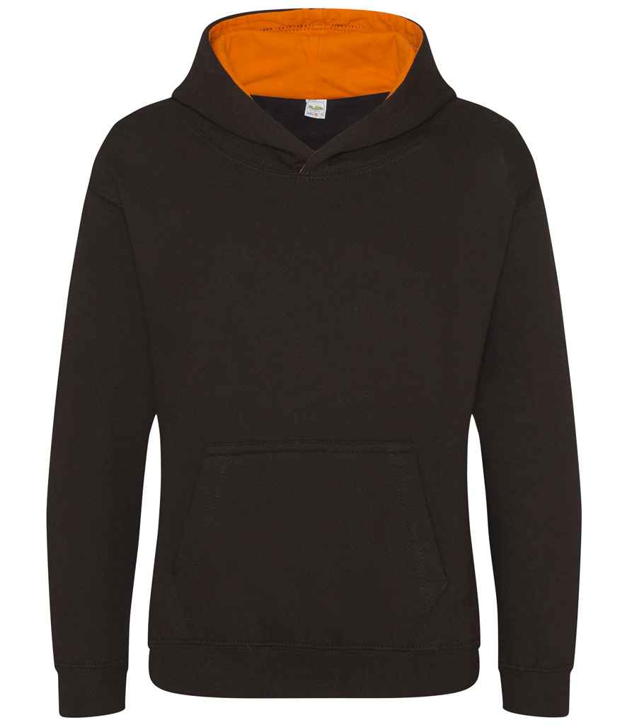 AWDis Kids Varsity Hoodie in Jet Black Orange Crush by Just Hoods — Custom branded clothing by Print Press, featuring premium embroidery produced in our specialist print lab in the UK.