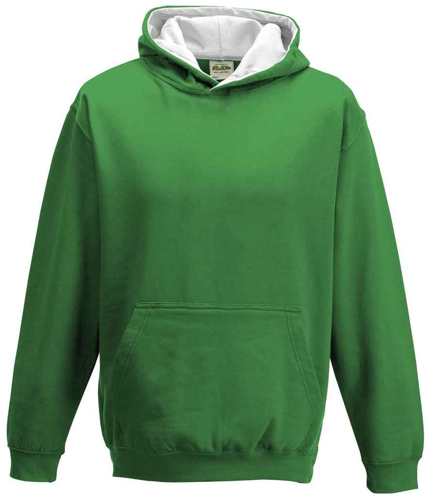 AWDis Kids Varsity Hoodie in Kelly Green Arctic White by Just Hoods — Custom branded clothing by Print Press, featuring premium embroidery produced in our specialist print lab in the UK.