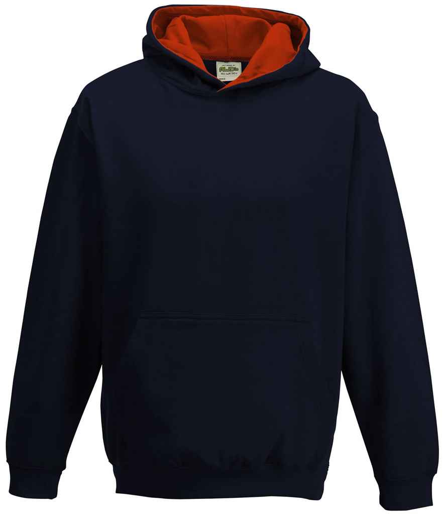 AWDis Kids Varsity Hoodie in New French Navy Fire Red by Just Hoods — Custom branded clothing by Print Press, featuring premium embroidery produced in our specialist print lab in the UK.
