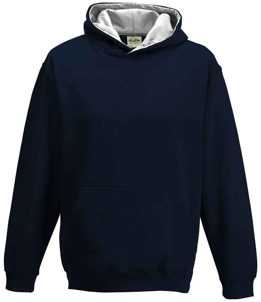 AWDis Kids Varsity Hoodie in New French Navy Heather Grey by Just Hoods — Custom branded clothing by Print Press, featuring premium embroidery produced in our specialist print lab in the UK.