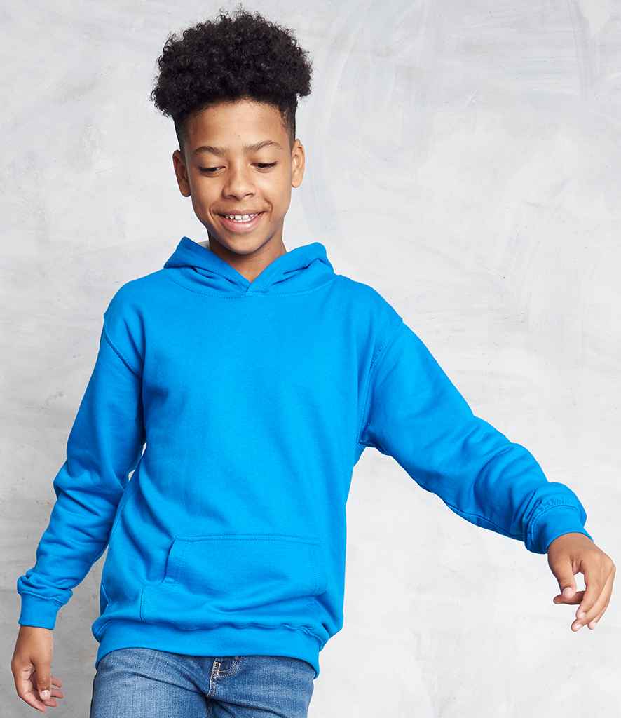 AWDis Kids Varsity Hoodie in Sapphire Blue Heather Grey by Just Hoods — Custom branded clothing by Print Press, featuring premium embroidery produced in our specialist print lab in the UK.