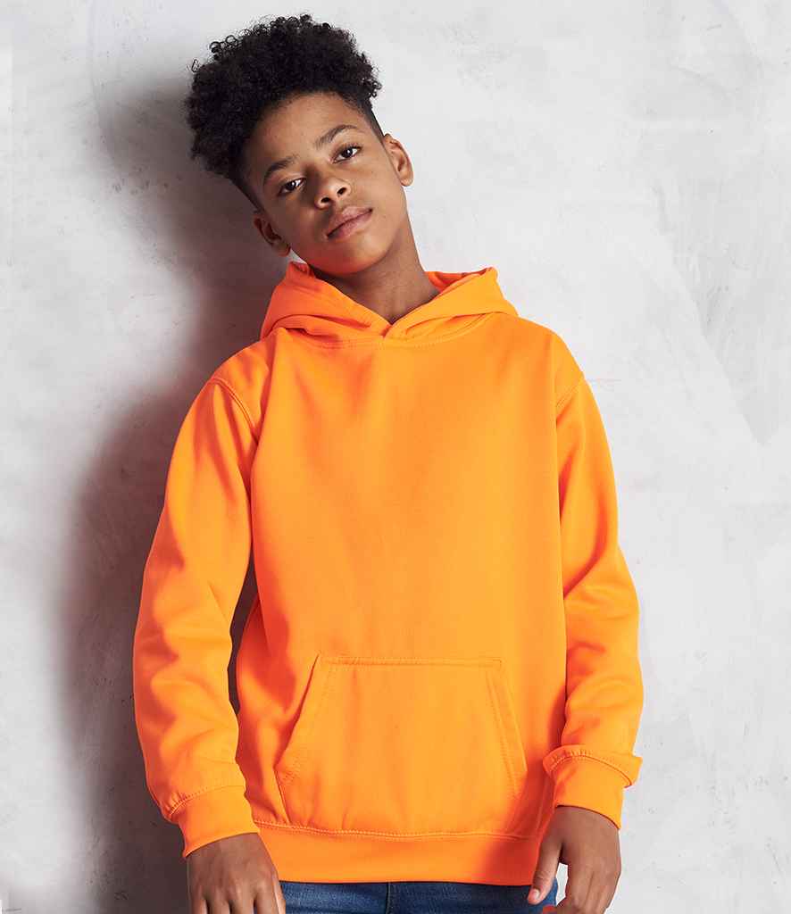 AWDis Kids Electric Hoodie in Electric Orange by Just Hoods — Custom branded clothing by Print Press, featuring premium embroidery produced in our specialist print lab in the UK.