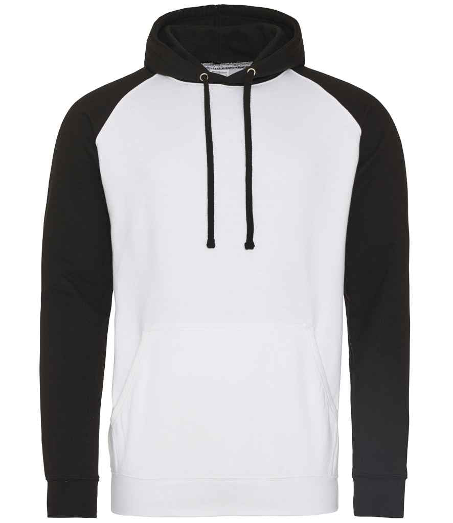 AWDis Baseball Hoodie in Arctic White Jet Black by Just Hoods — Custom branded clothing by Print Press, featuring premium embroidery produced in our specialist print lab in the UK.