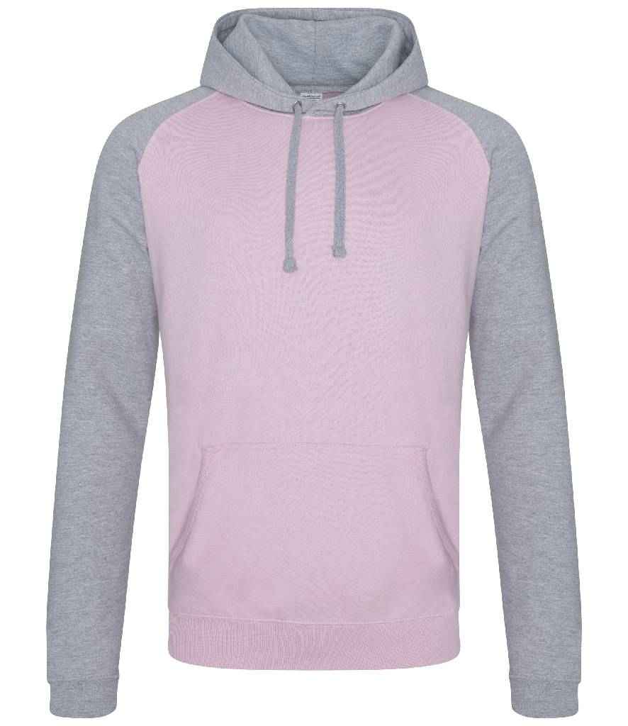 AWDis Baseball Hoodie in Baby Pink Heather Grey by Just Hoods — Custom branded clothing by Print Press, featuring premium embroidery produced in our specialist print lab in the UK.
