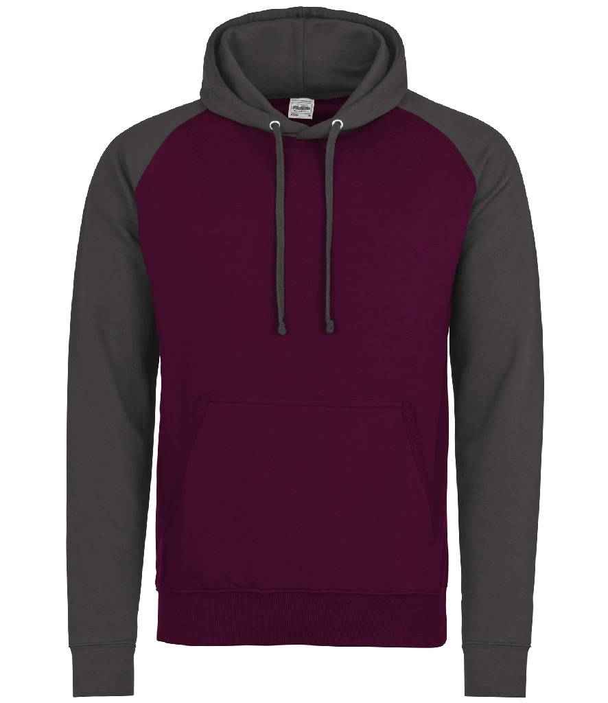 AWDis Baseball Hoodie in Burgundy Charcoal by Just Hoods — Custom branded clothing by Print Press, featuring premium embroidery produced in our specialist print lab in the UK.