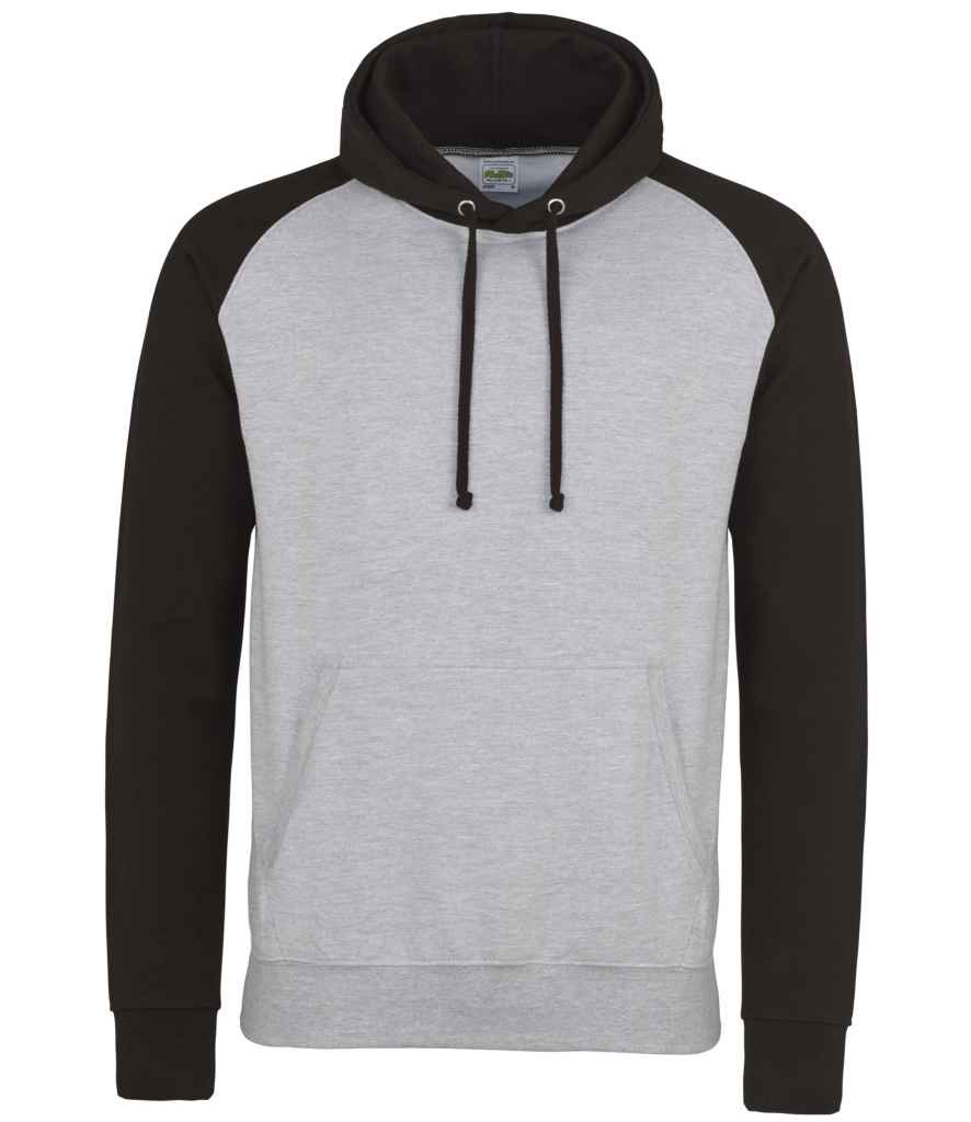 AWDis Baseball Hoodie in Heather Grey Jet Black by Just Hoods — Custom branded clothing by Print Press, featuring premium embroidery produced in our specialist print lab in the UK.