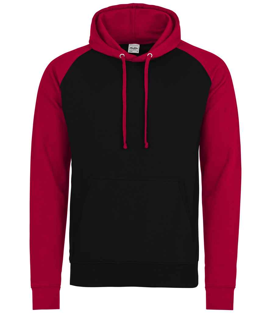 AWDis Baseball Hoodie in Jet Black Fire Red by Just Hoods — Custom branded clothing by Print Press, featuring premium embroidery produced in our specialist print lab in the UK.