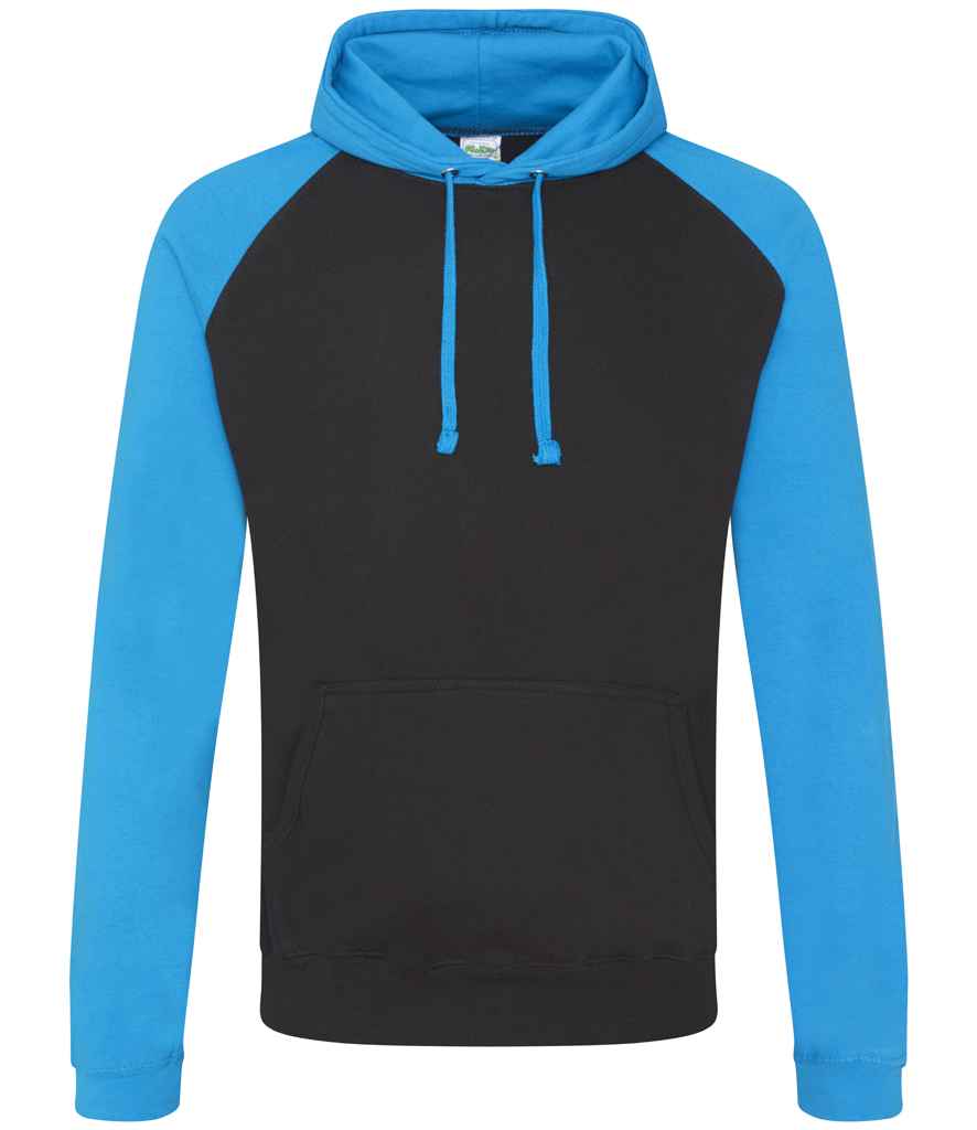 AWDis Baseball Hoodie in Jet Black Sapphire Blue by Just Hoods — Custom branded clothing by Print Press, featuring premium embroidery produced in our specialist print lab in the UK.