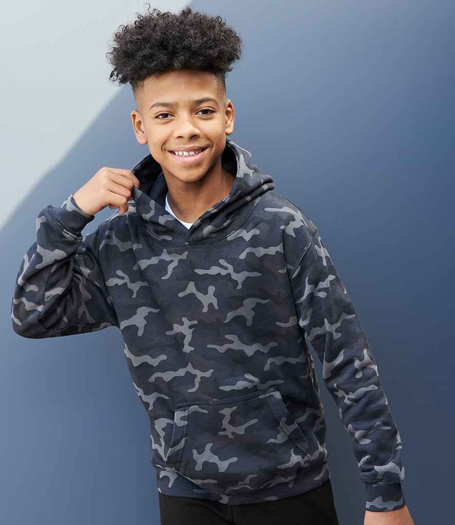AWDis Kids Camo Hoodie in Black Camo by Just Hoods — Custom branded clothing by Print Press, featuring premium embroidery produced in our specialist print lab in the UK.