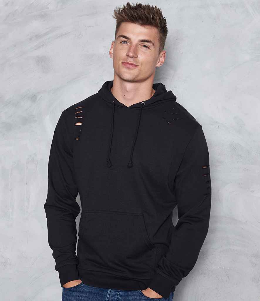 AWDis Distressed Hoodie in Jet Black by Just Hoods — Custom branded clothing by Print Press, featuring premium embroidery produced in our specialist print lab in the UK.