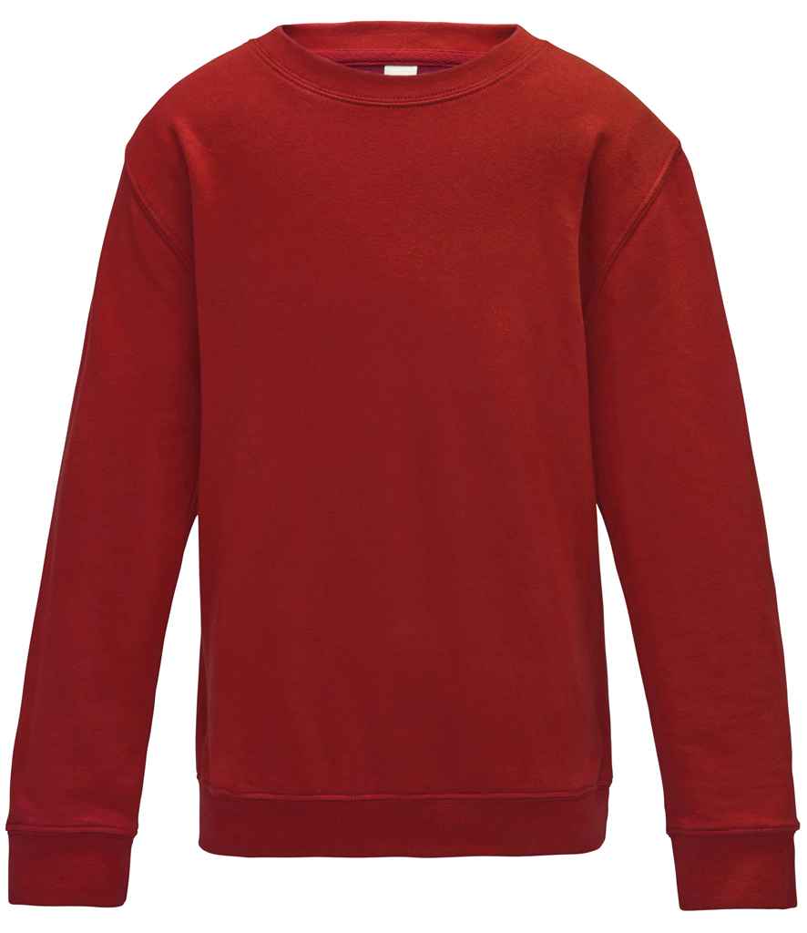 AWDis Kids Sweatshirt - (2nd Colours) in Fire Red by Just Hoods — Custom branded clothing by Print Press, featuring premium embroidery produced in our specialist print lab in the UK.