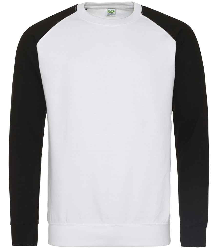 AWDis Baseball Sweatshirt in Arctic White Jet Black by Just Hoods — Custom branded clothing by Print Press, featuring premium embroidery produced in our specialist print lab in the UK.