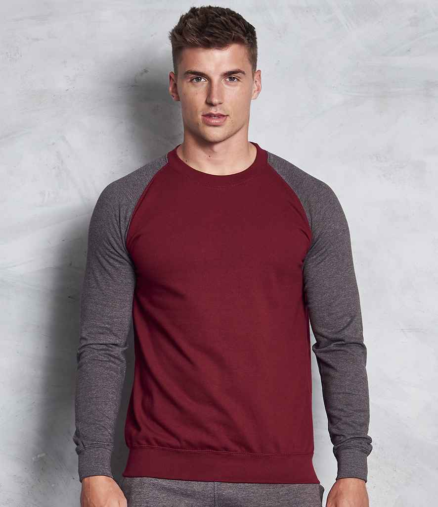 AWDis Baseball Sweatshirt in Burgundy Charcoal by Just Hoods — Custom branded clothing by Print Press, featuring premium embroidery produced in our specialist print lab in the UK.