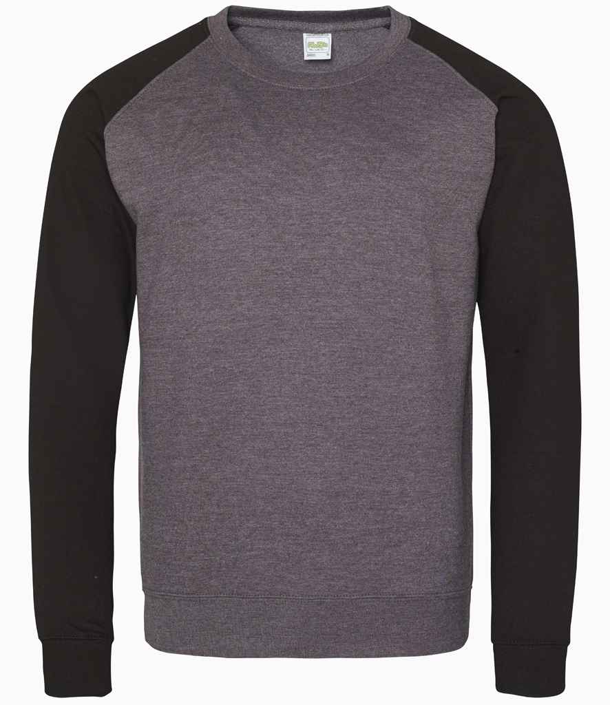 AWDis Baseball Sweatshirt in Charcoal Jet Black by Just Hoods — Custom branded clothing by Print Press, featuring premium embroidery produced in our specialist print lab in the UK.