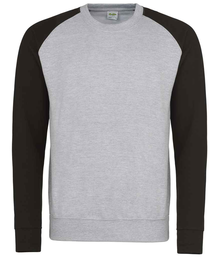 AWDis Baseball Sweatshirt in Heather Grey Jet Black by Just Hoods — Custom branded clothing by Print Press, featuring premium embroidery produced in our specialist print lab in the UK.