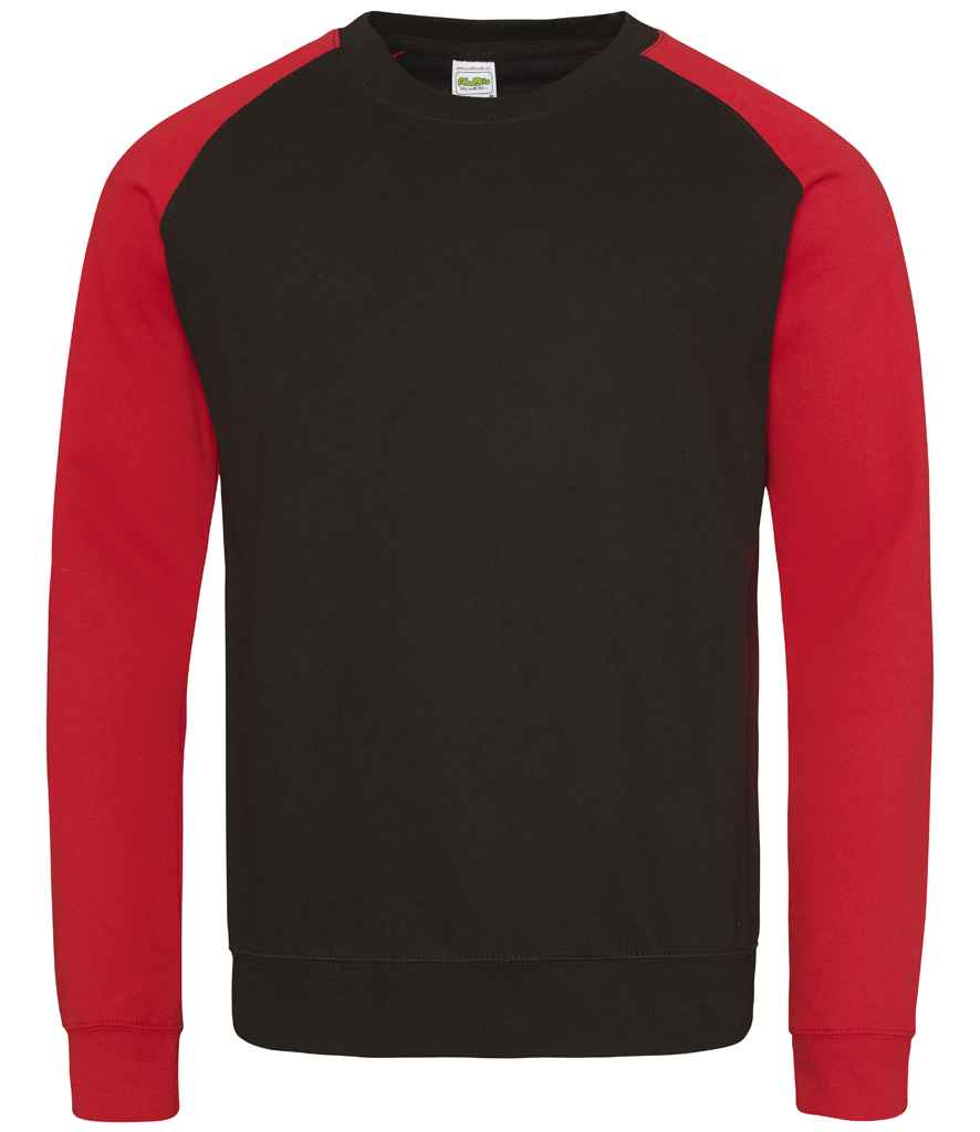 AWDis Baseball Sweatshirt in Jet Black Fire Red by Just Hoods — Custom branded clothing by Print Press, featuring premium embroidery produced in our specialist print lab in the UK.