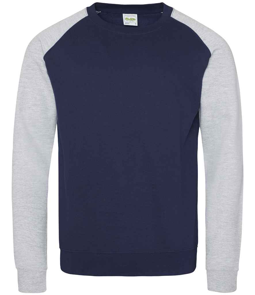 AWDis Baseball Sweatshirt in Oxford Navy Heather Grey by Just Hoods — Custom branded clothing by Print Press, featuring premium embroidery produced in our specialist print lab in the UK.