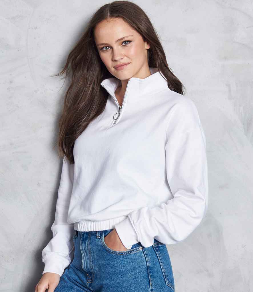 AWDis Ladies Cropped 1/4 Zip Sweatshirt in Arctic White by Just Hoods — Custom branded clothing by Print Press, featuring premium embroidery produced in our specialist print lab in the UK.