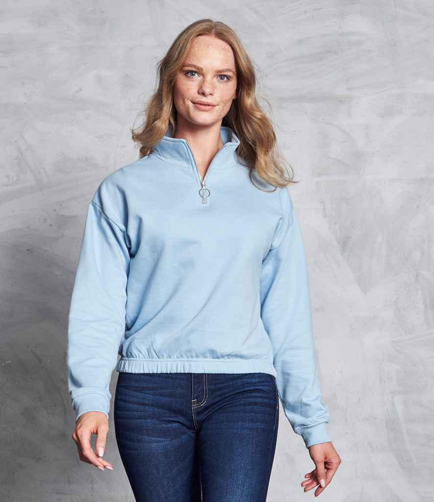 AWDis Ladies Cropped 1/4 Zip Sweatshirt in Sky Blue by Just Hoods — Custom branded clothing by Print Press, featuring premium embroidery produced in our specialist print lab in the UK.