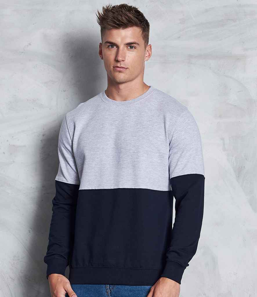 AWDis Colour Block Sweatshirt in Heather Grey New French Navy by Just Hoods — Custom branded clothing by Print Press, featuring premium embroidery produced in our specialist print lab in the UK.