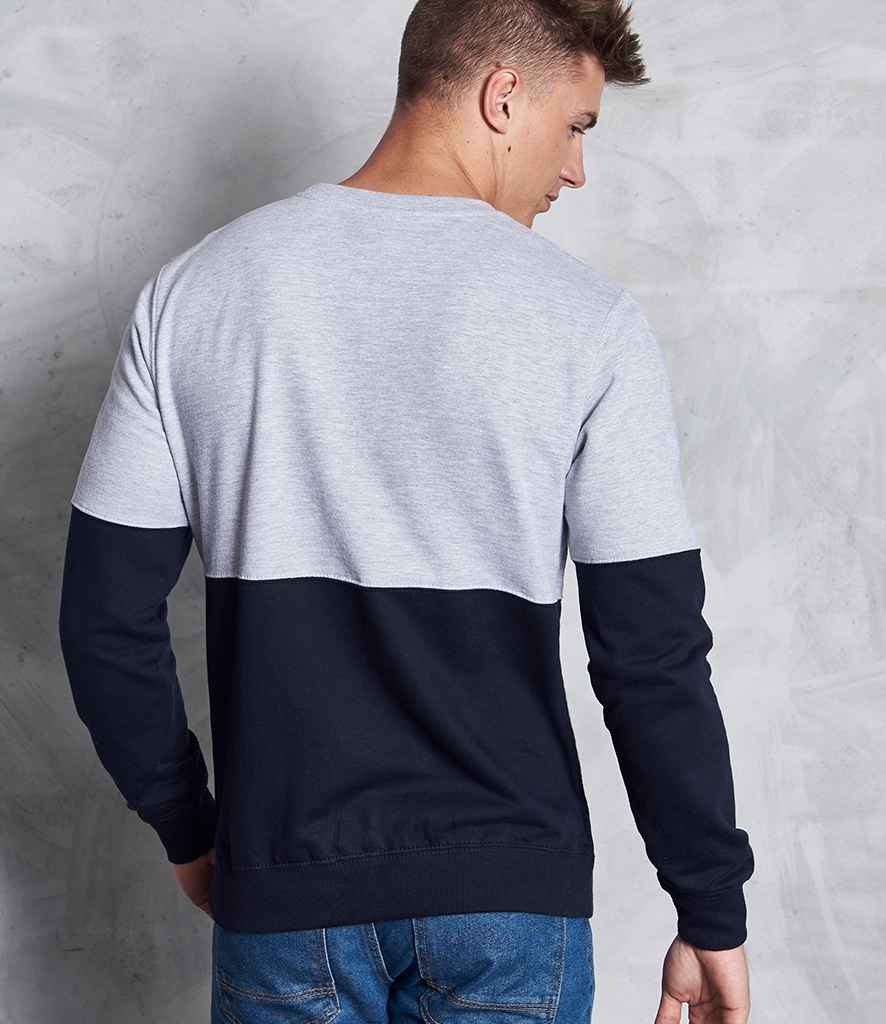 AWDis Colour Block Sweatshirt in Heather Grey Deep Black by Just Hoods — Custom branded clothing by Print Press, featuring premium embroidery produced in our specialist print lab in the UK.