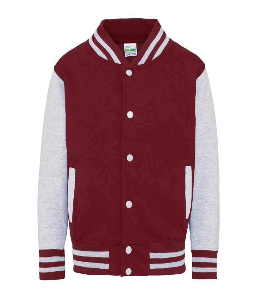 AWDis Kids Varsity Jacket in Burgundy Heather Grey by Just Hoods — Custom branded clothing by Print Press, featuring premium embroidery produced in our specialist print lab in the UK.