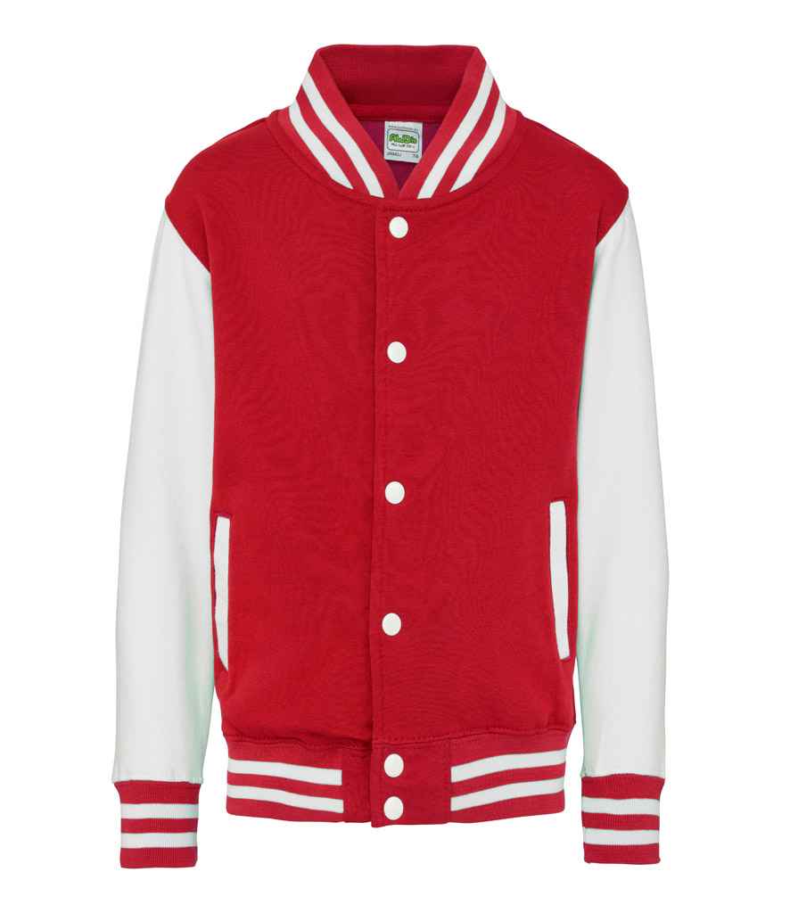AWDis Kids Varsity Jacket in Fire Red White by Just Hoods — Custom branded clothing by Print Press, featuring premium embroidery produced in our specialist print lab in the UK.