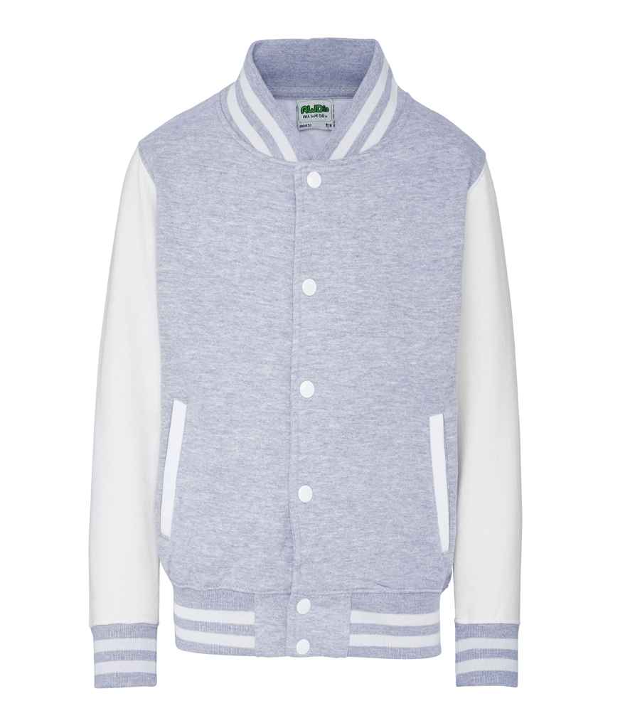 AWDis Kids Varsity Jacket in Heather Grey White by Just Hoods — Custom branded clothing by Print Press, featuring premium embroidery produced in our specialist print lab in the UK.