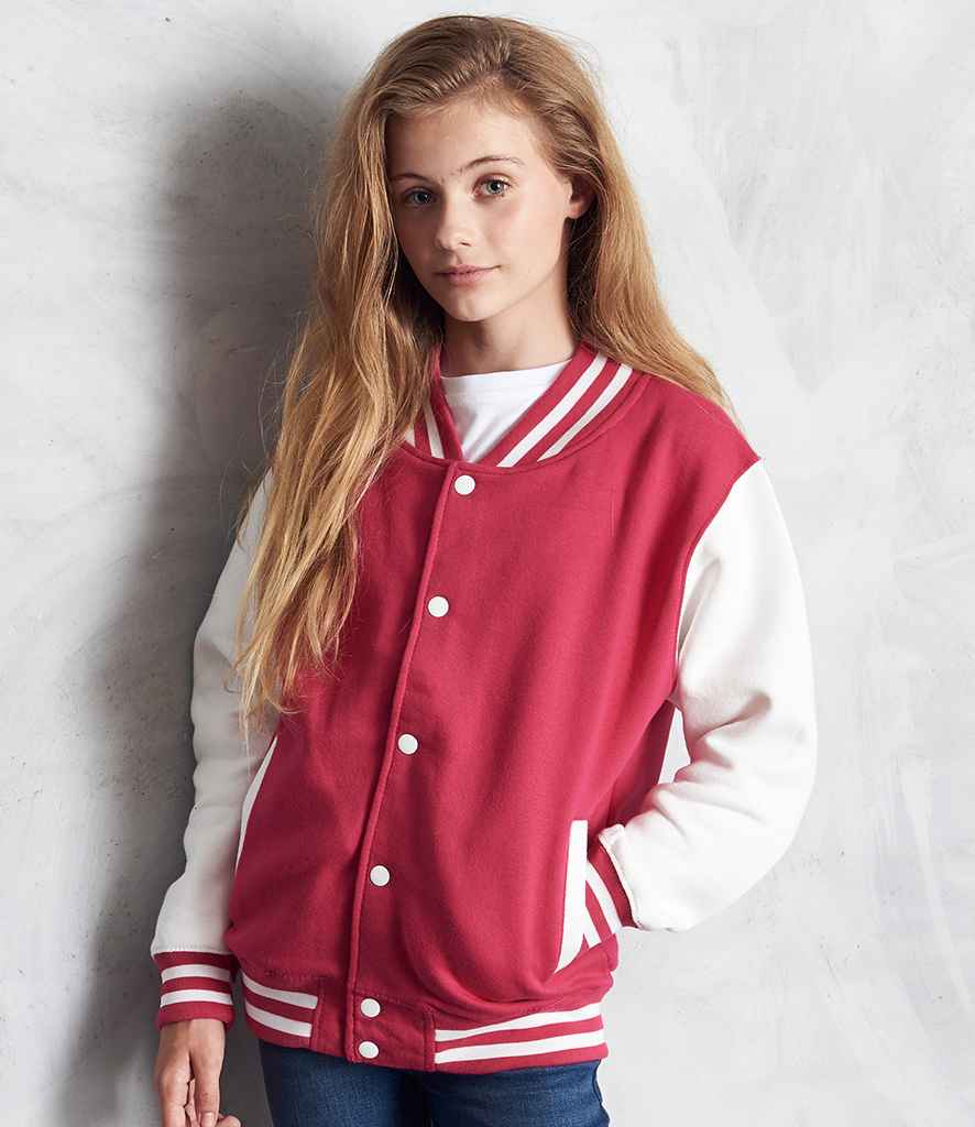 AWDis Kids Varsity Jacket in Hot Pink White by Just Hoods — Custom branded clothing by Print Press, featuring premium embroidery produced in our specialist print lab in the UK.