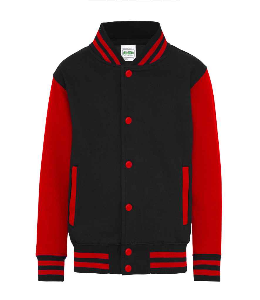 AWDis Kids Varsity Jacket in Jet Black Fire Red by Just Hoods — Custom branded clothing by Print Press, featuring premium embroidery produced in our specialist print lab in the UK.