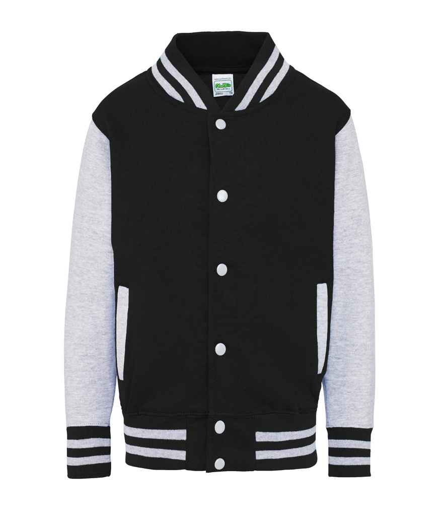 AWDis Kids Varsity Jacket in Jet Black Heather Grey by Just Hoods — Custom branded clothing by Print Press, featuring premium embroidery produced in our specialist print lab in the UK.