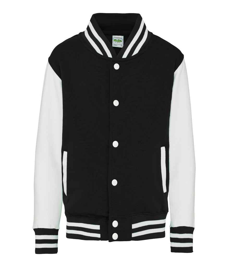 AWDis Kids Varsity Jacket in Jet Black White by Just Hoods — Custom branded clothing by Print Press, featuring premium embroidery produced in our specialist print lab in the UK.
