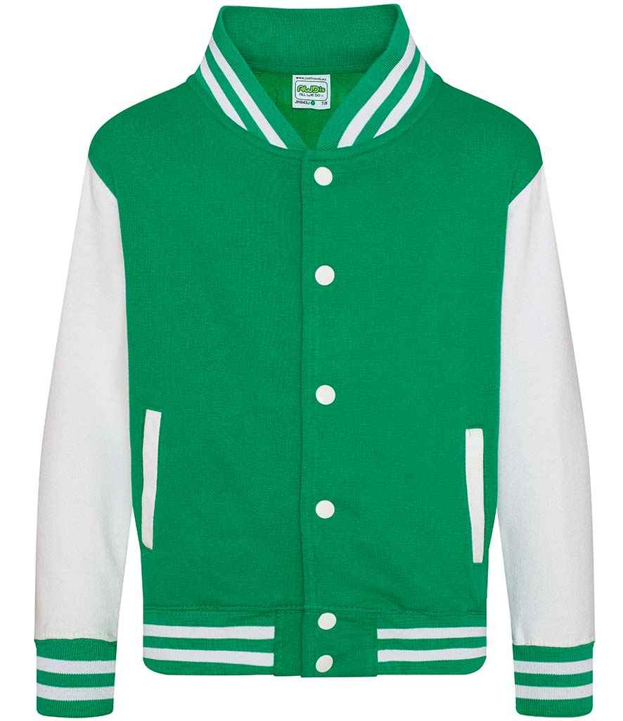 AWDis Kids Varsity Jacket in by Just Hoods — Custom branded clothing by Print Press, featuring premium embroidery produced in our specialist print lab in the UK.