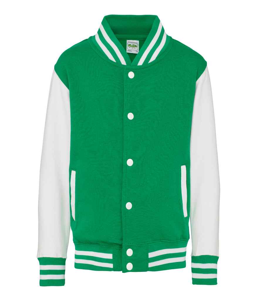 AWDis Kids Varsity Jacket in Kelly Green White by Just Hoods — Custom branded clothing by Print Press, featuring premium embroidery produced in our specialist print lab in the UK.