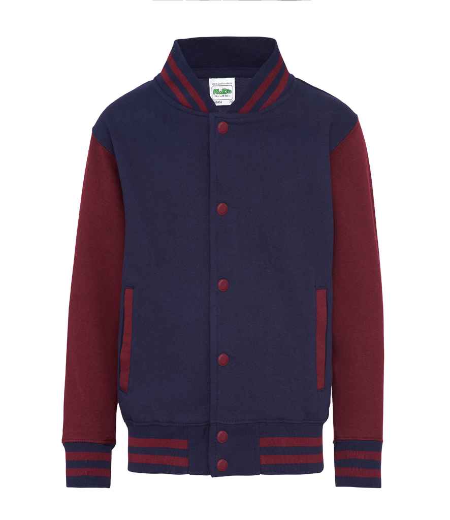 AWDis Kids Varsity Jacket in Oxford Navy Burgundy by Just Hoods — Custom branded clothing by Print Press, featuring premium embroidery produced in our specialist print lab in the UK.