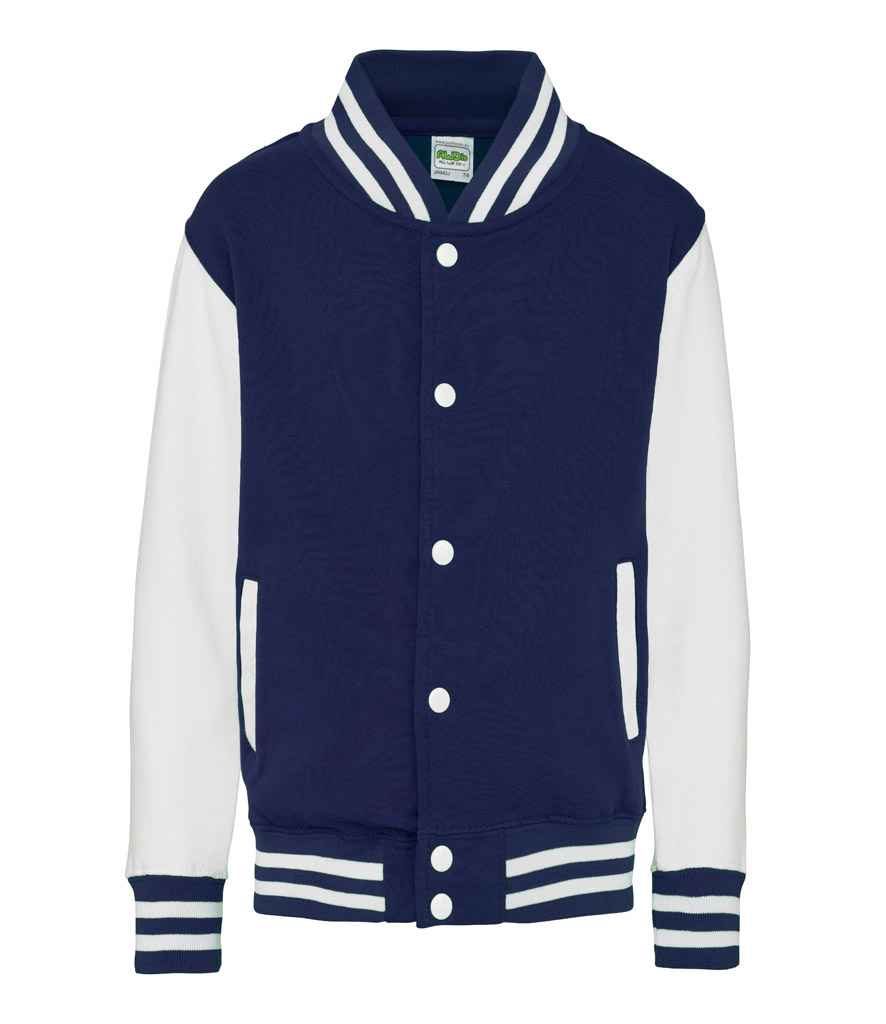 AWDis Kids Varsity Jacket in Oxford Navy White by Just Hoods — Custom branded clothing by Print Press, featuring premium embroidery produced in our specialist print lab in the UK.