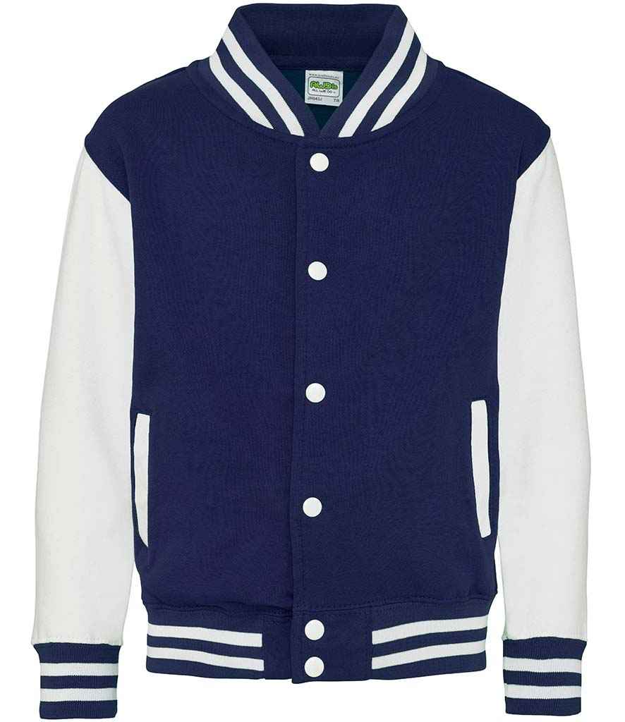 AWDis Kids Varsity Jacket in by Just Hoods — Custom branded clothing by Print Press, featuring premium embroidery produced in our specialist print lab in the UK.