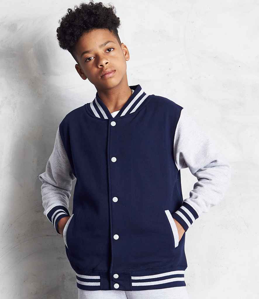 AWDis Kids Varsity Jacket in Oxford Navy Heather Grey by Just Hoods — Custom branded clothing by Print Press, featuring premium embroidery produced in our specialist print lab in the UK.