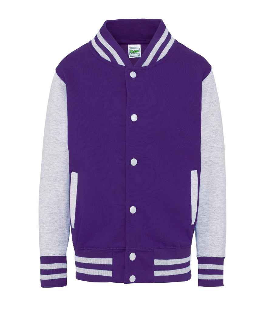 AWDis Kids Varsity Jacket in Purple Heather Grey by Just Hoods — Custom branded clothing by Print Press, featuring premium embroidery produced in our specialist print lab in the UK.