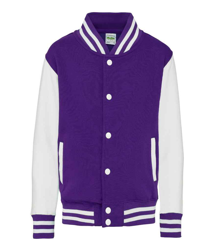 AWDis Kids Varsity Jacket in Purple White by Just Hoods — Custom branded clothing by Print Press, featuring premium embroidery produced in our specialist print lab in the UK.