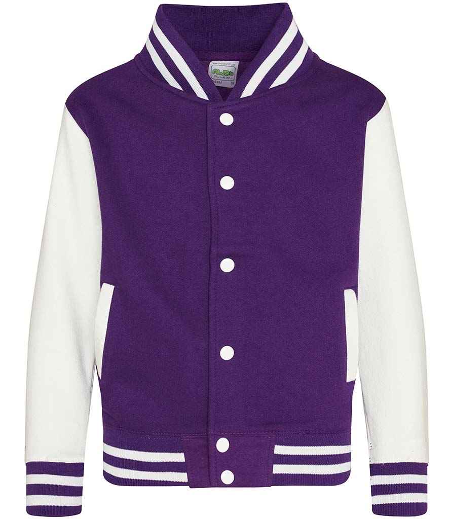 AWDis Kids Varsity Jacket in by Just Hoods — Custom branded clothing by Print Press, featuring premium embroidery produced in our specialist print lab in the UK.