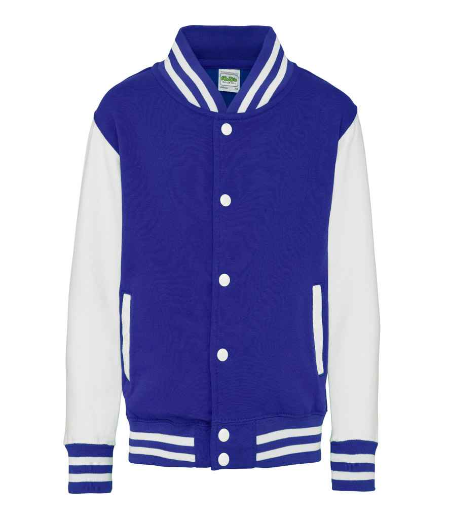 AWDis Kids Varsity Jacket in Royal Blue White by Just Hoods — Custom branded clothing by Print Press, featuring premium embroidery produced in our specialist print lab in the UK.