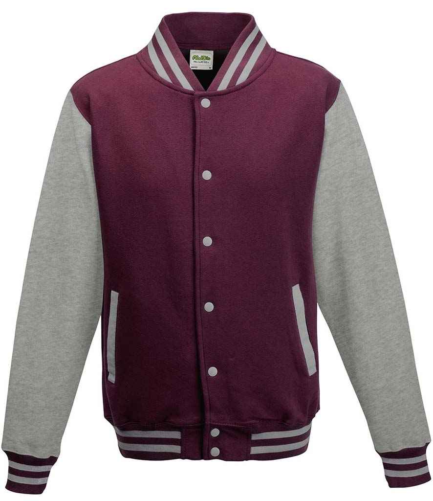 AWDis Varsity Jacket in Burgundy Heather Grey by Just Hoods — Custom branded clothing by Print Press, featuring premium embroidery produced in our specialist print lab in the UK.